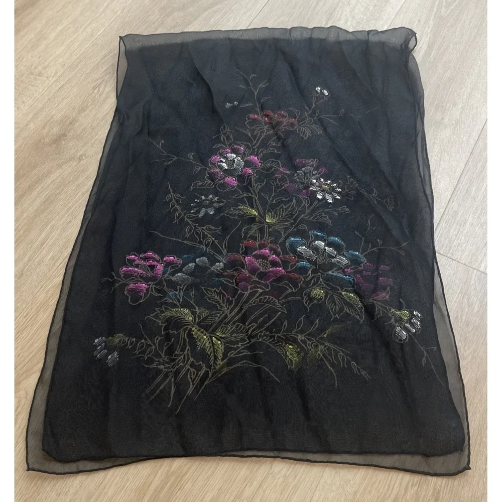Vintage Scarf Sheer Black Rayon Painted Flowers Women's 17